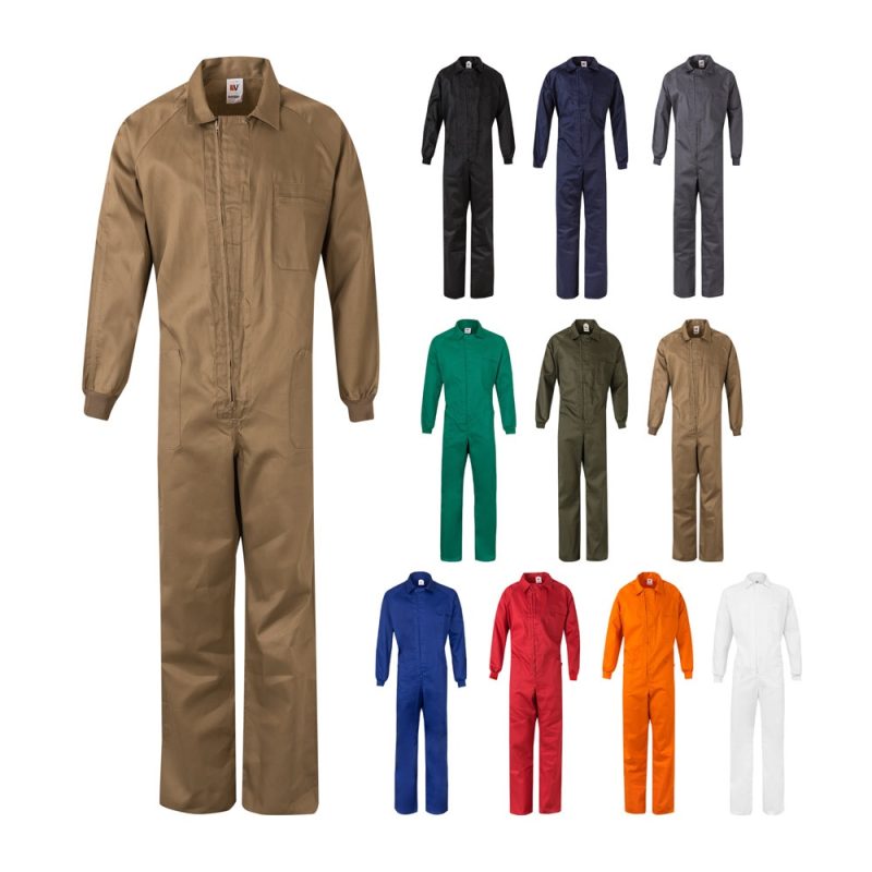 Variety of coloured coveralls displayed.