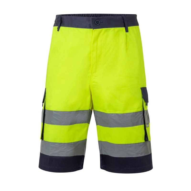 High-visibility yellow shorts with reflective stripes.