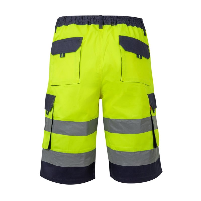 High-visibility yellow and grey work shorts.