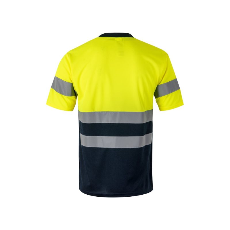 High-visibility safety shirt with reflective stripes.