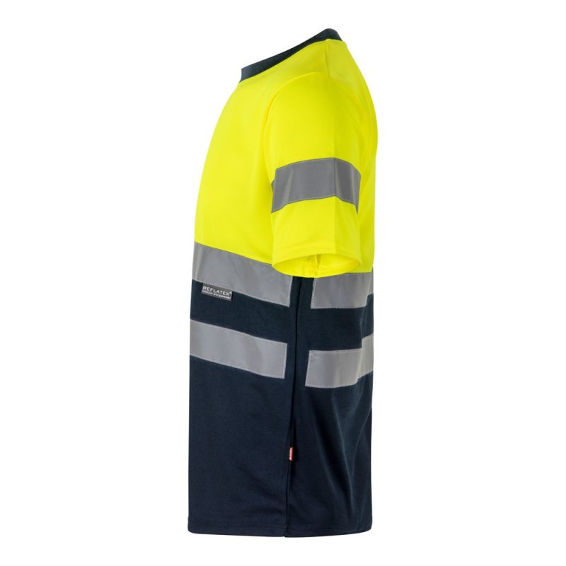 High-visibility yellow safety shirt with reflective stripes.