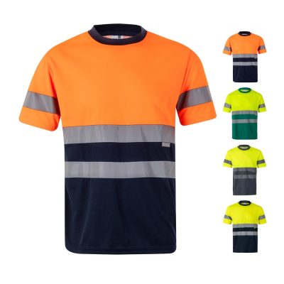 High-visibility work shirts in various colours and sizes.