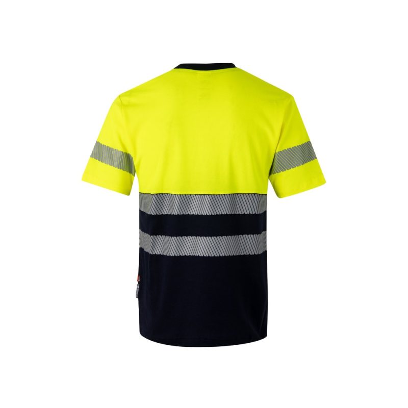 Hi-vis yellow and black safety t-shirt with stripes.