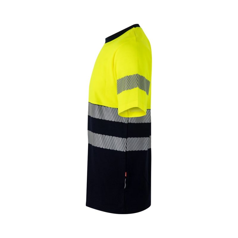 High visibility yellow and black striped shirt.