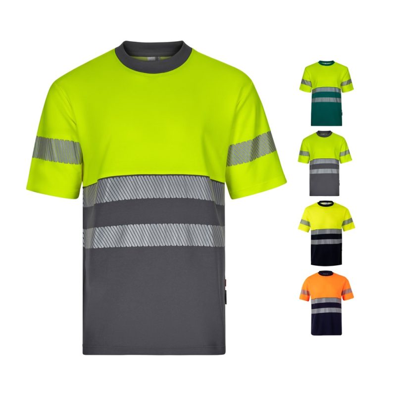 High-visibility t-shirts in assorted colours and designs.