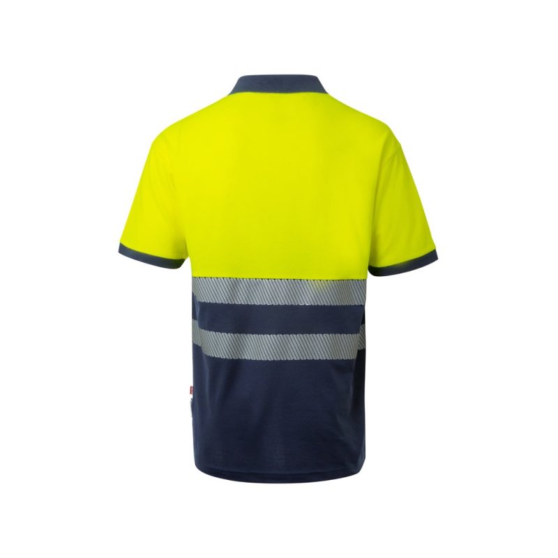 High-visibility yellow and navy work shirt with stripes.