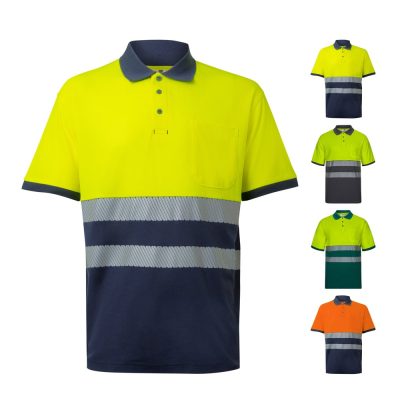 High-visibility safety polo shirts in various colours.