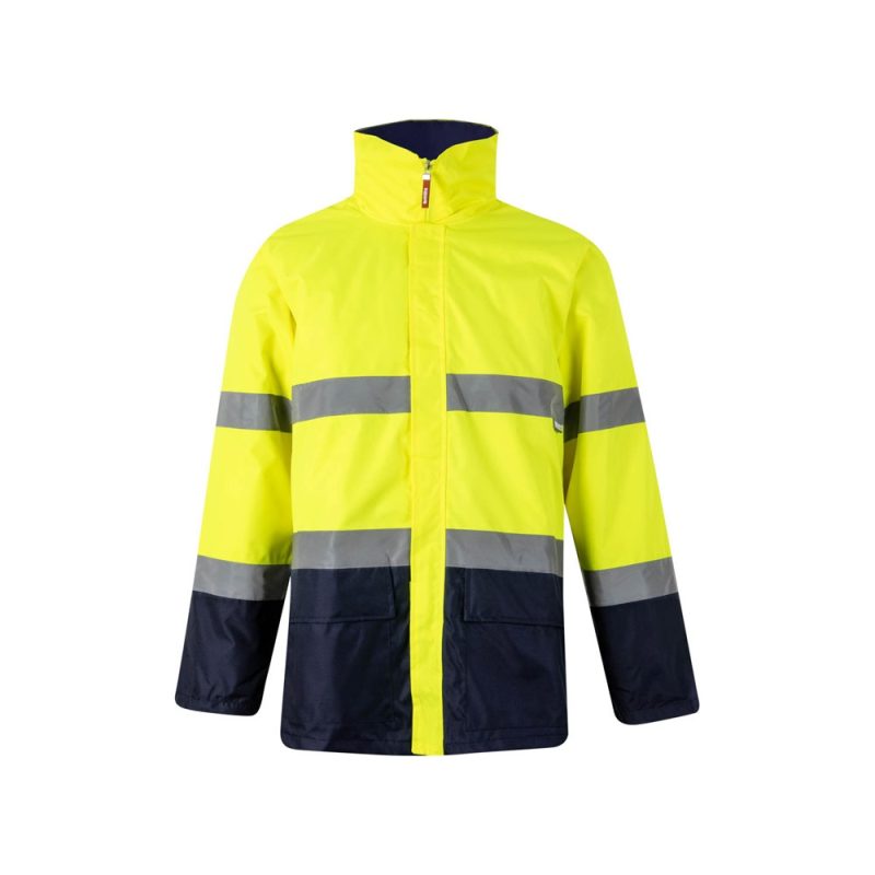 High-visibility yellow jacket with reflective stripes.