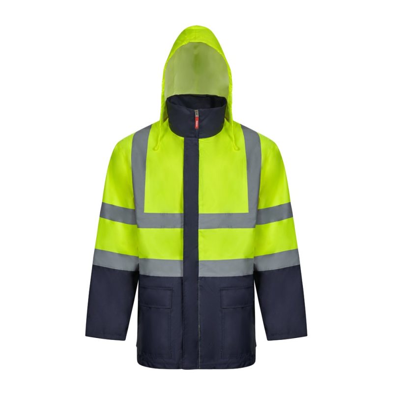High-visibility yellow jacket with hood and reflective stripes.