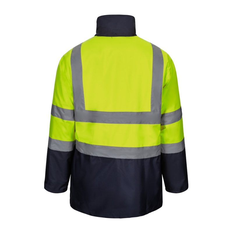 High visibility jacket with reflective stripes, back view.