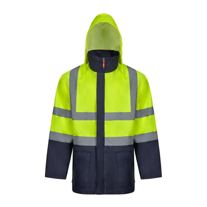 Hi-vis yellow and navy waterproof jacket with hood.