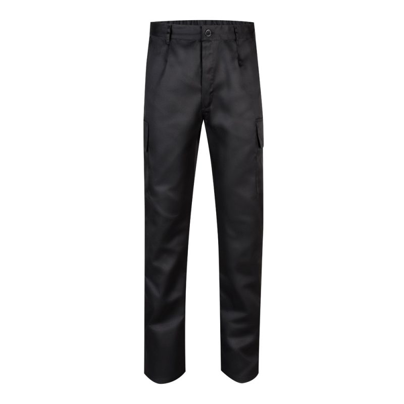 Black cargo trousers with pockets, front view.