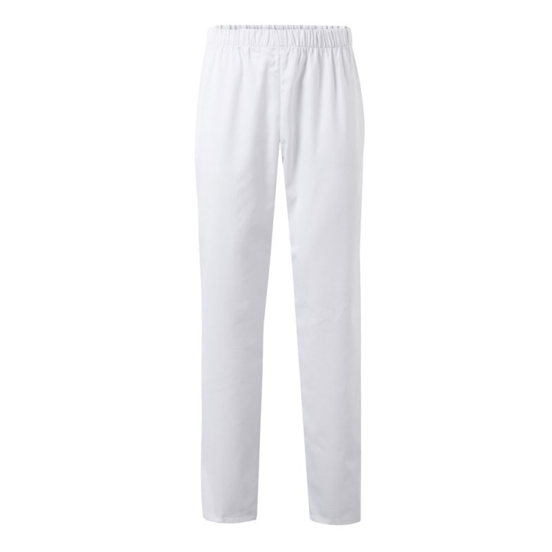 Plain white trousers with elastic waistband.