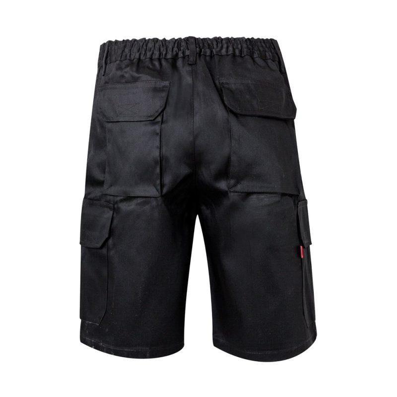 Black cargo shorts with multiple pockets, rear view.