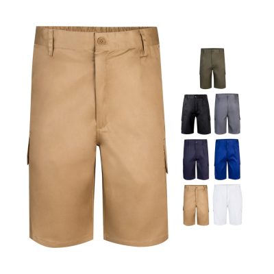 Various coloured men's cargo shorts on display.
