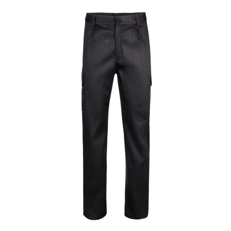Black cargo trousers with pockets and button fastening.