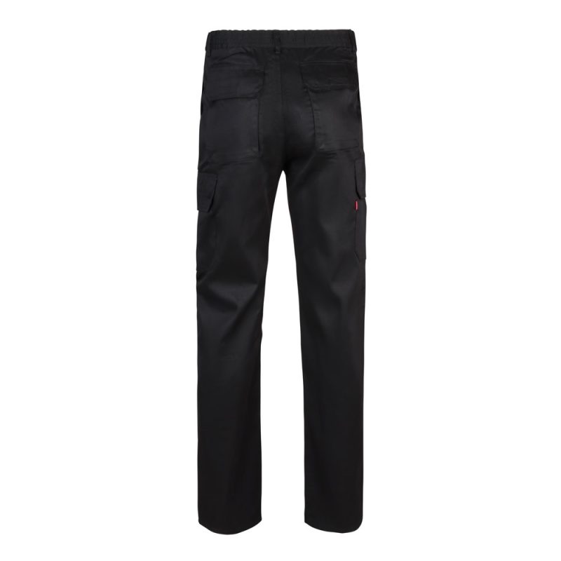 Black cargo trousers with multiple pockets.