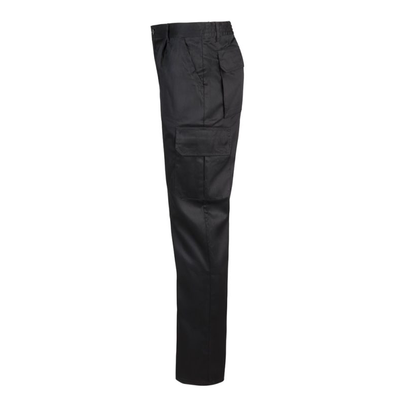 Black cargo trousers with side pocket detail.