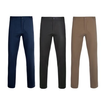 Three pairs of trousers in navy, black, and brown.