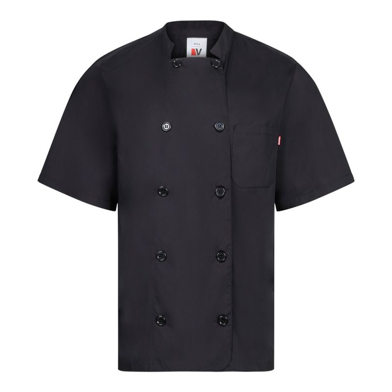 Black short-sleeve chef jacket with buttons.