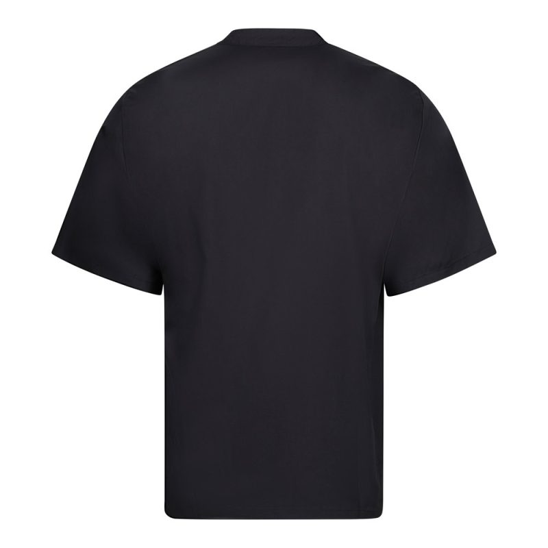 Black t-shirt back view on white background.