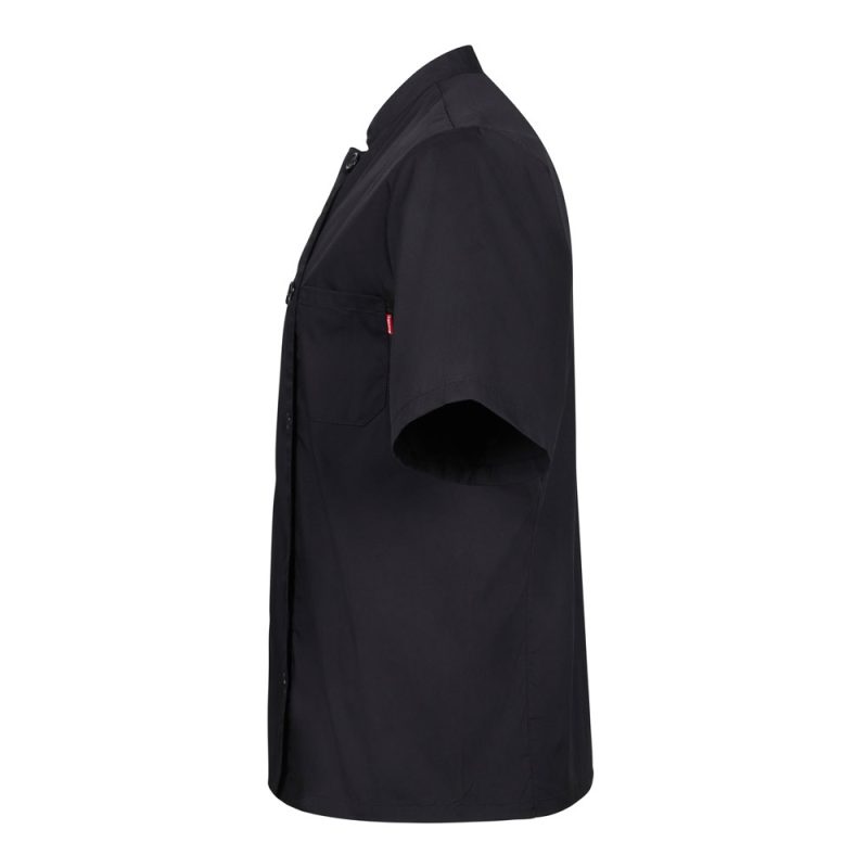 Black short-sleeve shirt, side view.