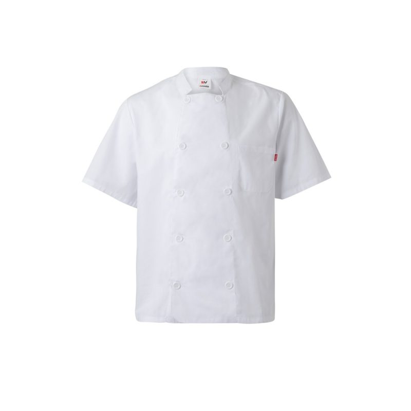 White short-sleeve chef jacket with buttons.