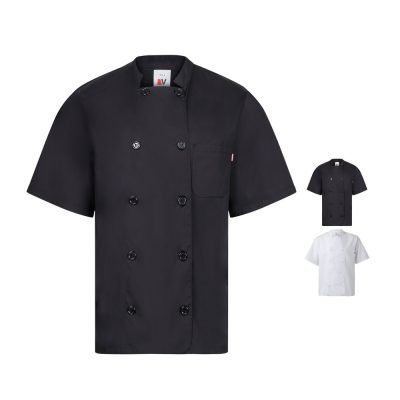 Black and white chef jackets on display