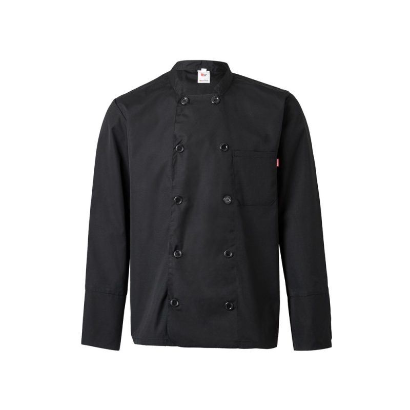 Black chef jacket with buttons and pocket.