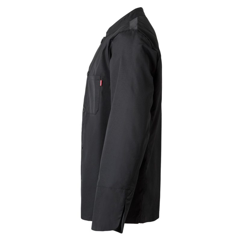 Side view of a black jacket with buttons.