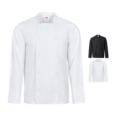 White chef jackets, available in black and white.