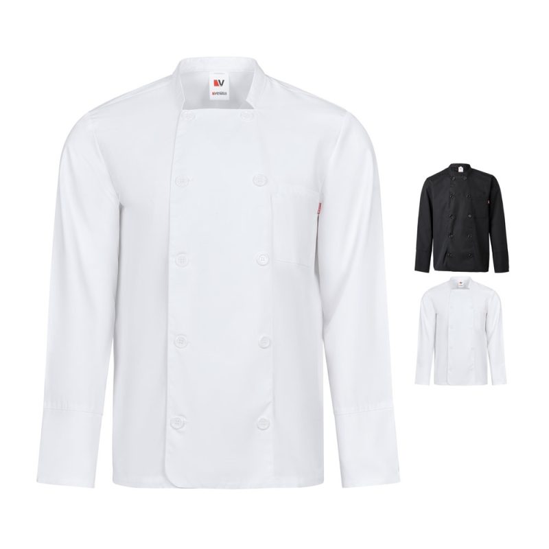 White chef jackets, available in black and white.