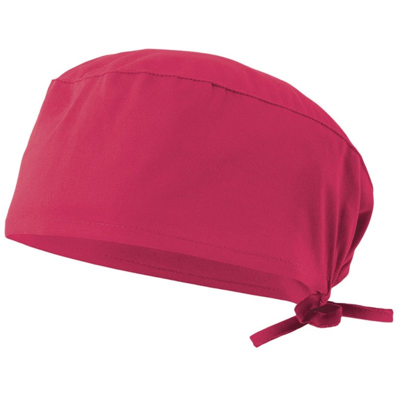 Red surgical scrub cap with tie.