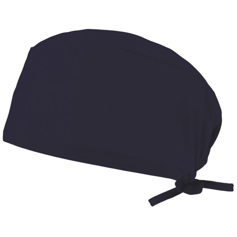 Dark blue scrub cap with adjustable ties.