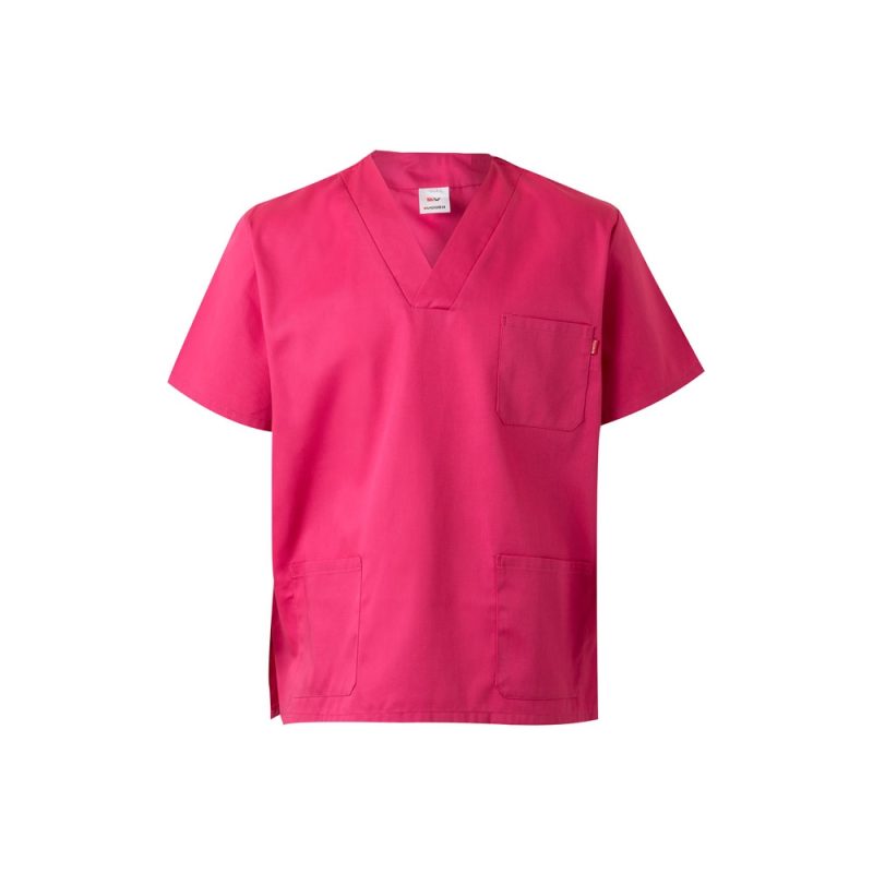Pink short-sleeved scrub top with pockets.