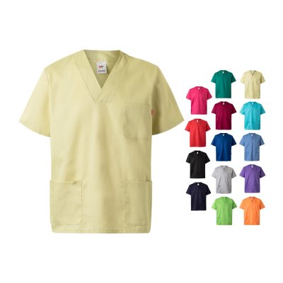 Multicoloured unisex scrub tops in various shades.