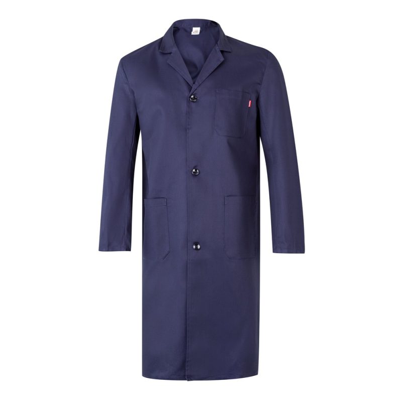 Navy blue lab coat with front pockets.