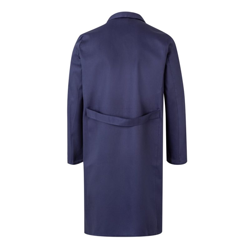 Back view of blue trench coat.