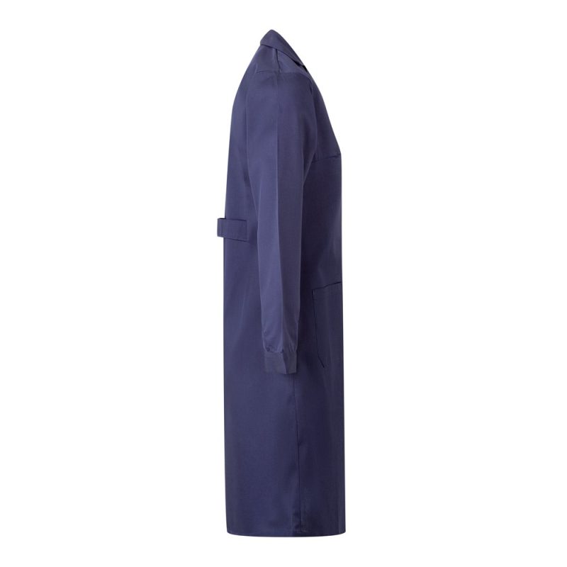 Side profile of navy blue trench coat.