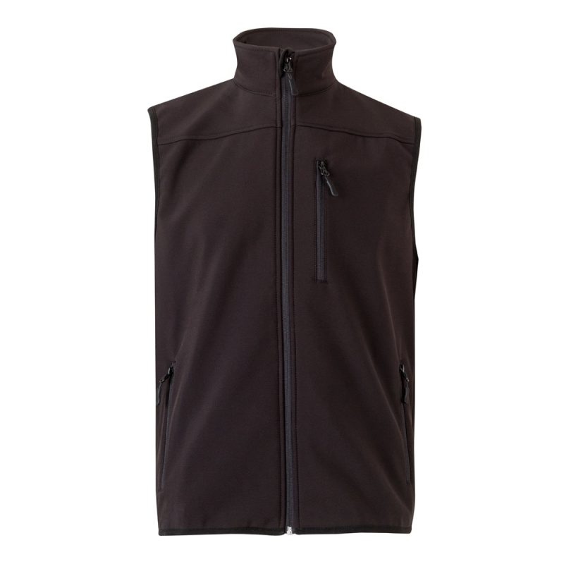 Black sleeveless zip-up jacket with pockets.