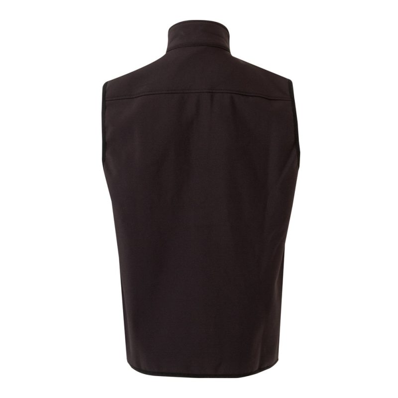 Back view of black sleeveless jacket.