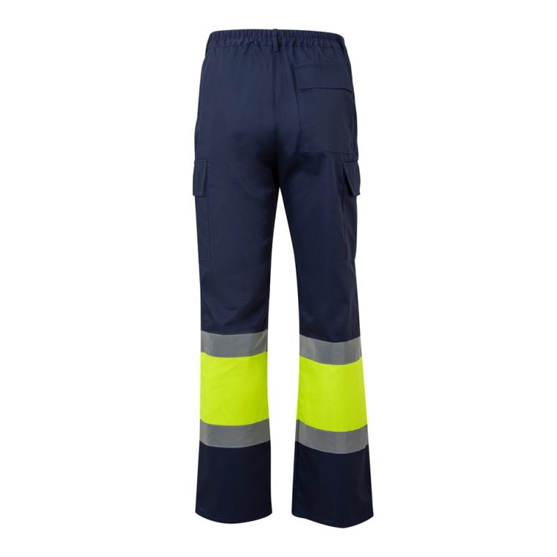 Reflective navy work trousers with yellow safety stripes.