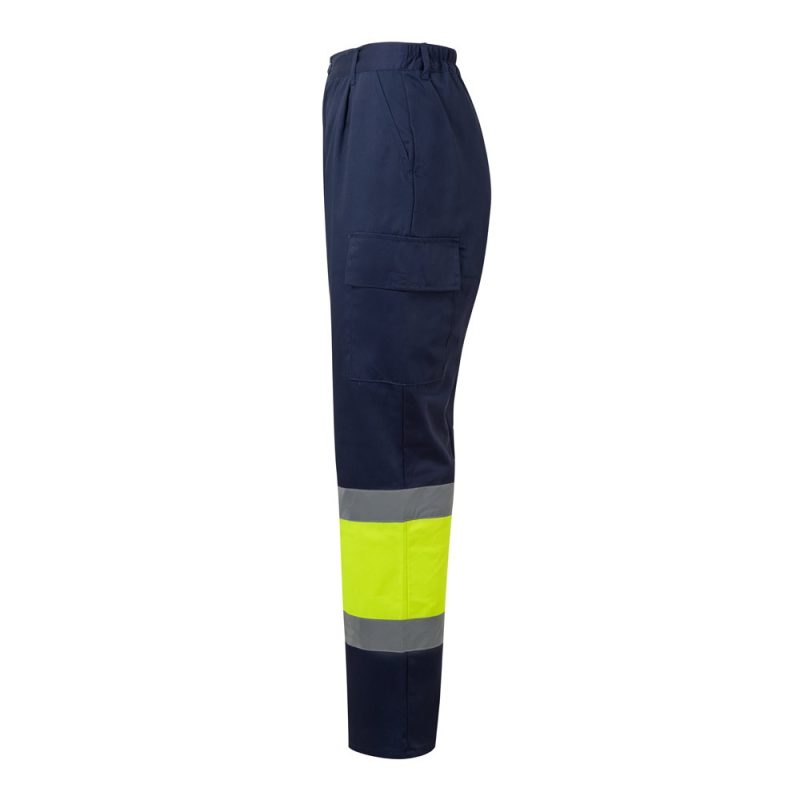 Navy work trousers with reflective fluorescent bands.