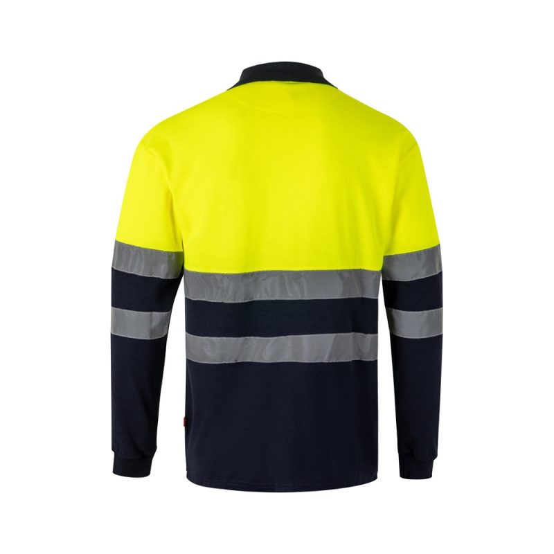 High-visibility yellow and navy work shirt with stripes.