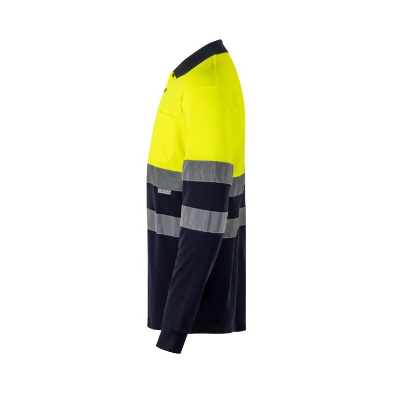 High-visibility safety work shirt with reflective stripes