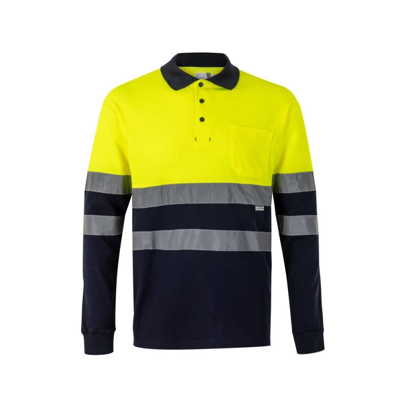 High-visibility yellow and navy work shirt with reflective stripes.