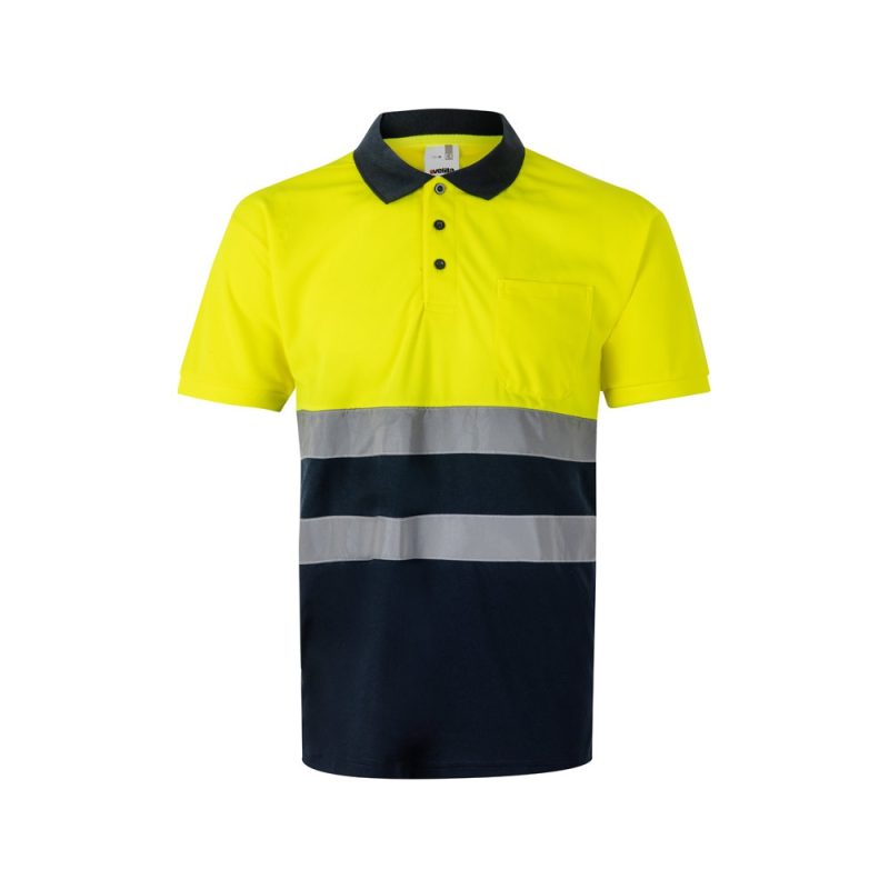 Yellow high-visibility polo shirt with reflective stripes.