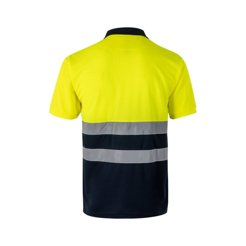 Hi-vis yellow shirt with black and grey stripes.