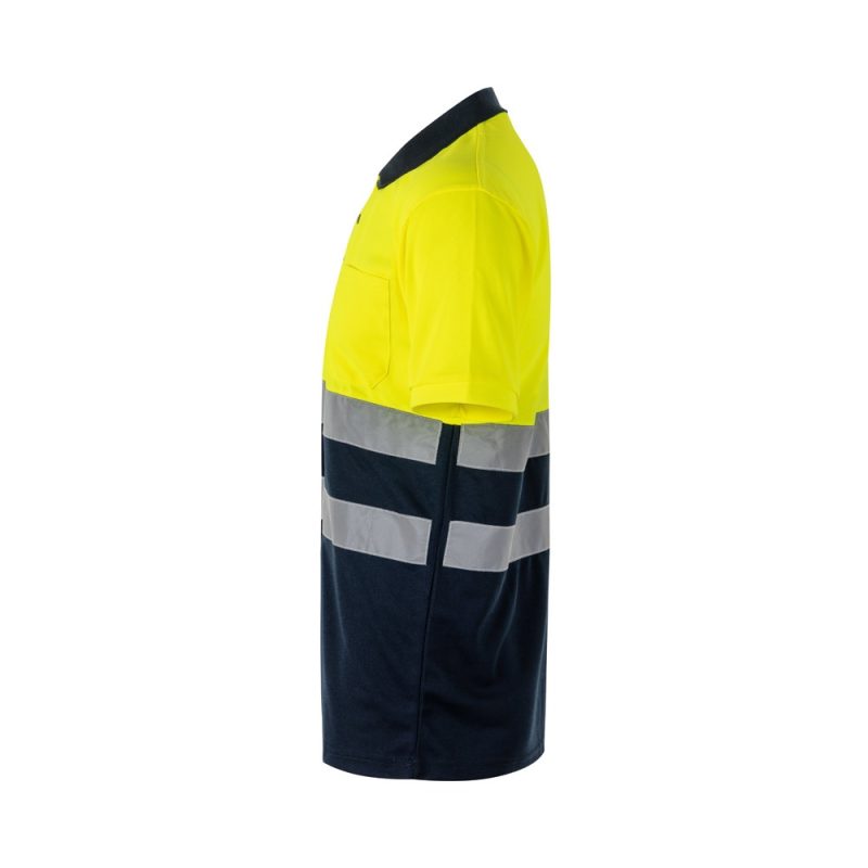 Hi-vis yellow and navy work shirt with reflective stripes.
