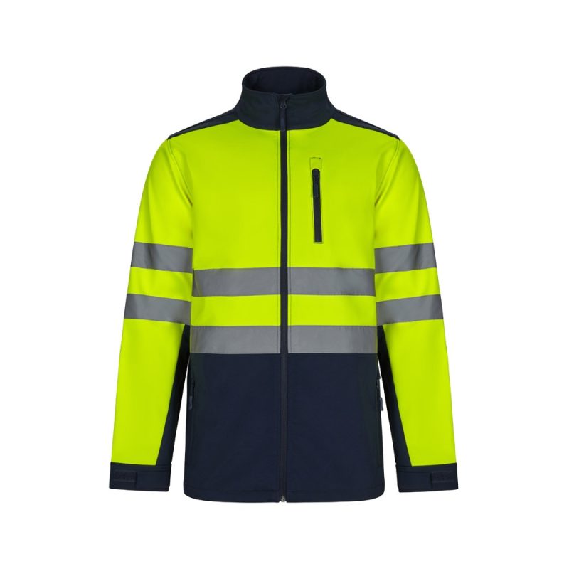High-visibility yellow jacket with reflective stripes.